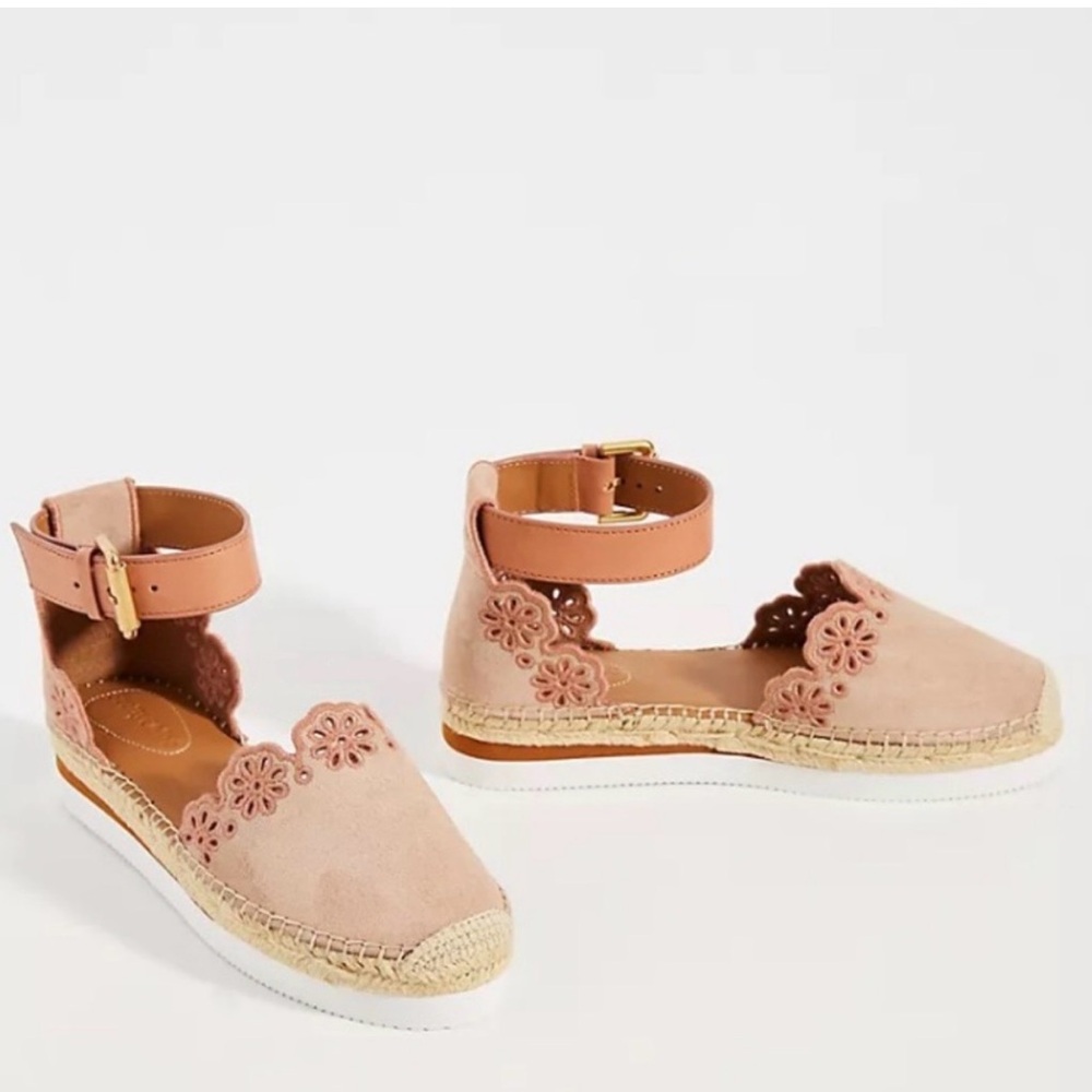 See by Chloé Pink Suede Floral Espadrille Shoes